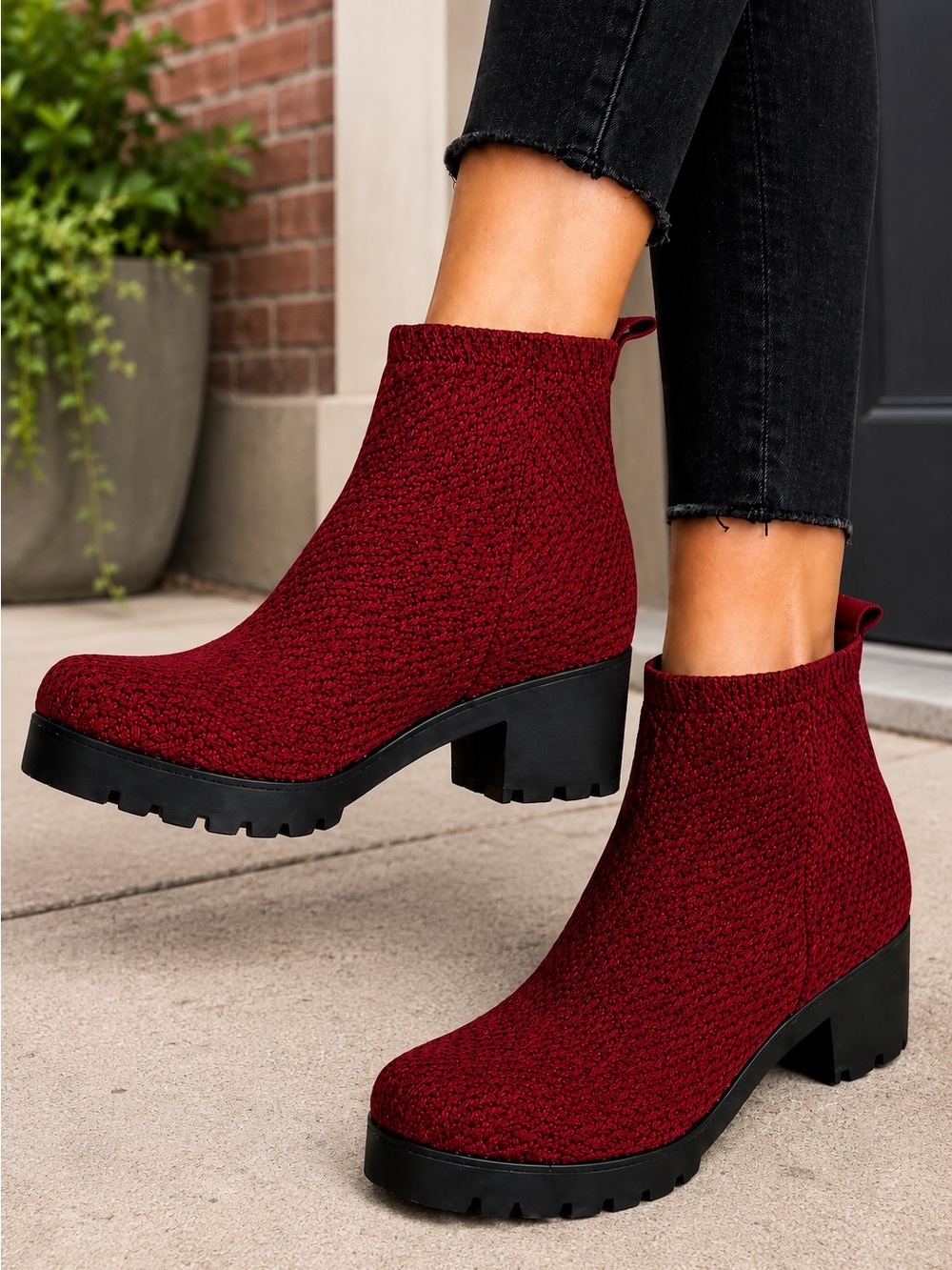 CHARLESTON SHOE CO. Red Woven Ankle Boots with Chunky Black Sole